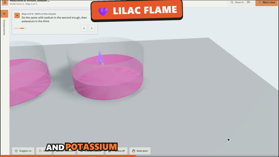 The Virtual Chemistry Lab: potassium burning with a lilac flame on water turned pink by phenolphthalein